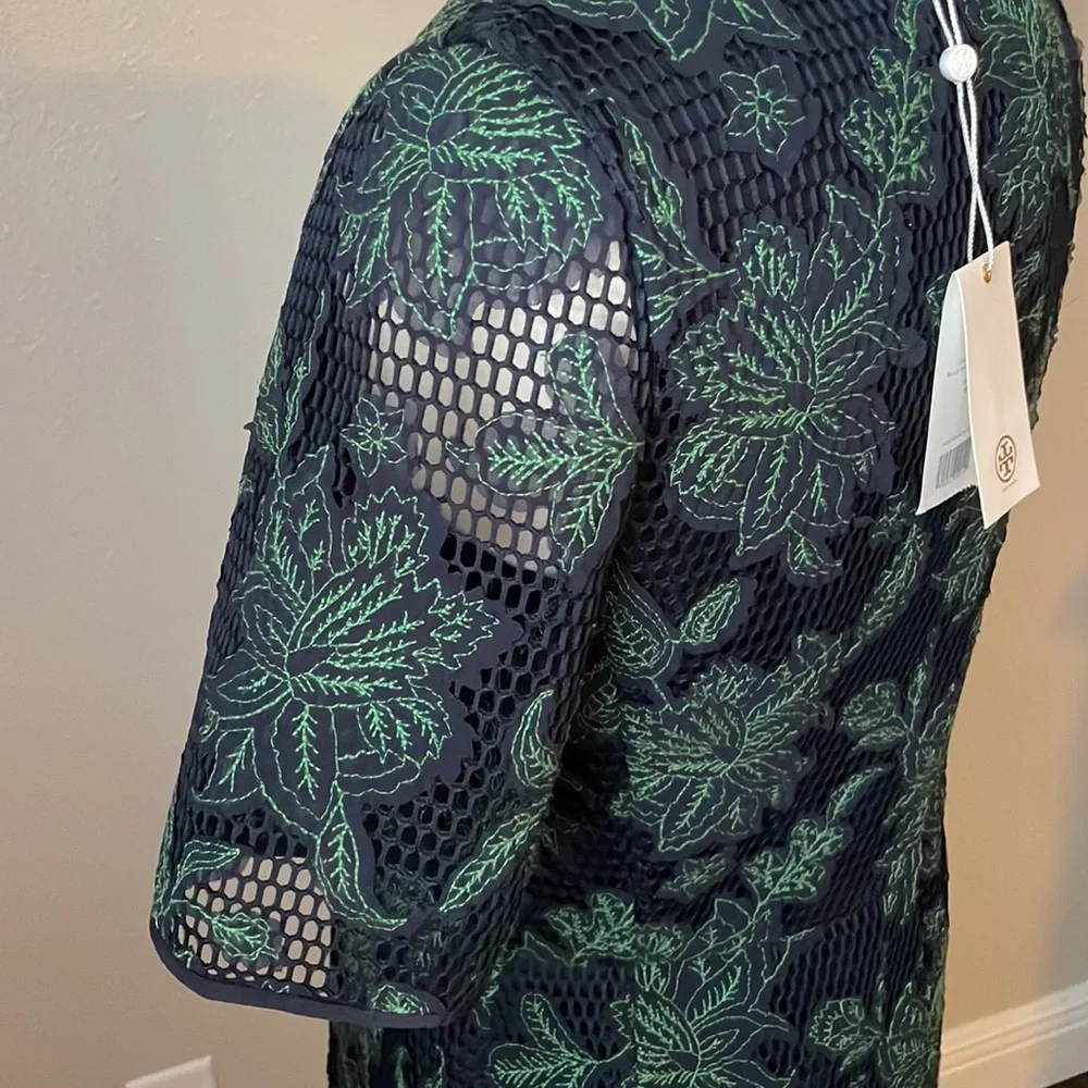 Tory Burch Black Lace Midi Dress with Green Floral Embroidery